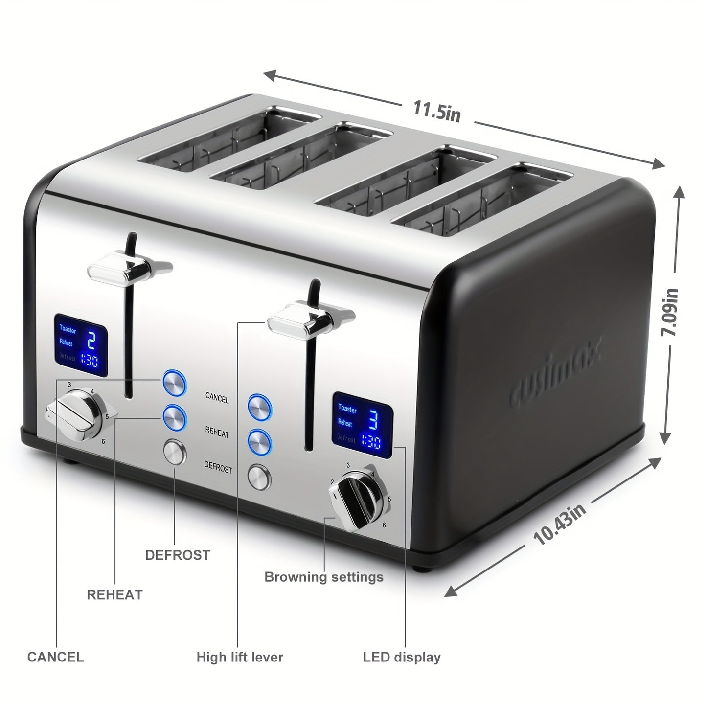 Cusimax 4-Slice Stainless Steel Toaster with Ultra-Clear