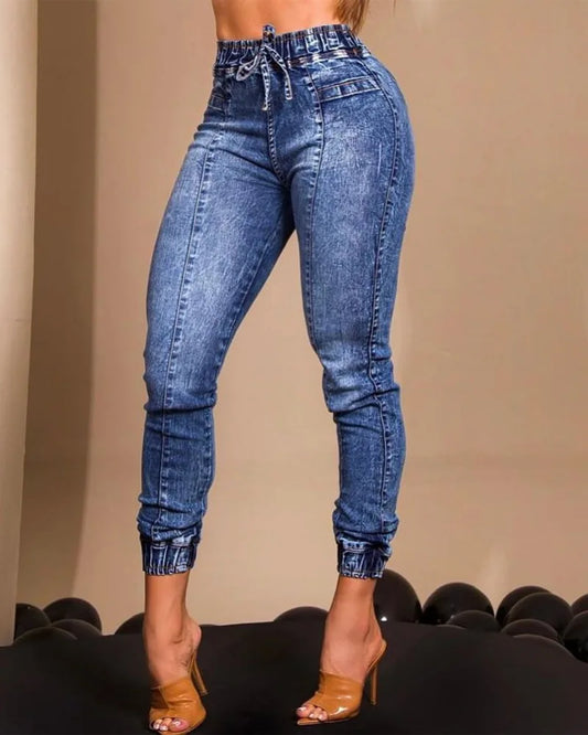 Women Jeans Elastic Waist Solid Color Pencil Pants