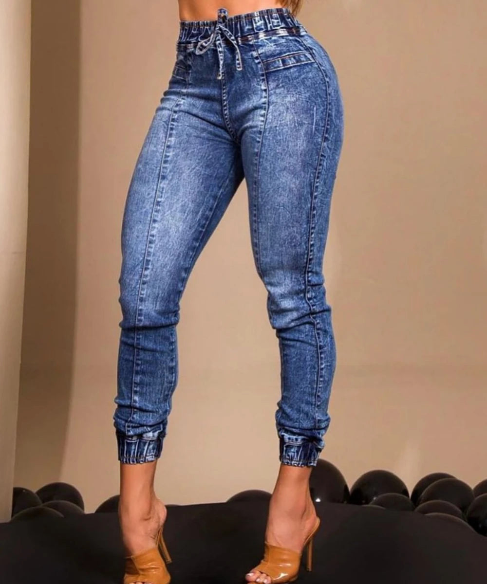 Women Jeans Elastic Waist Solid Color Pencil Pants