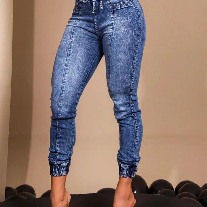 Women Jeans Elastic Waist Solid Color Pencil Pants