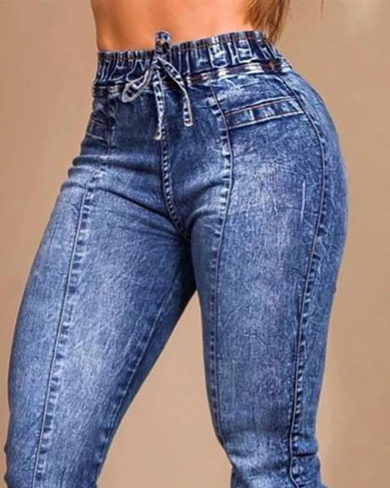 Women Jeans Elastic Waist Solid Color Pencil Pants