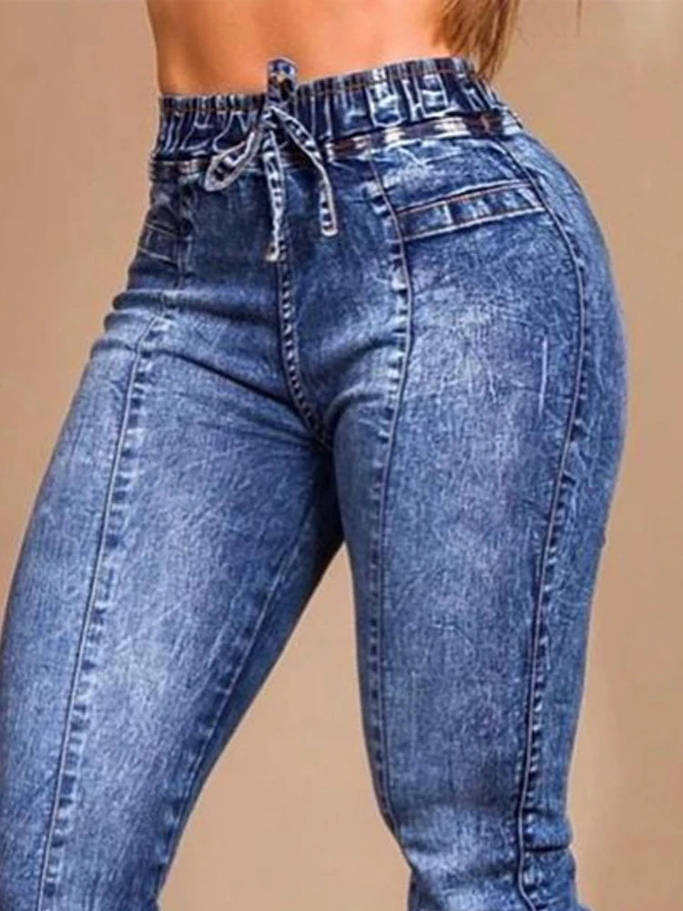 Women Jeans Elastic Waist Solid Color Pencil Pants