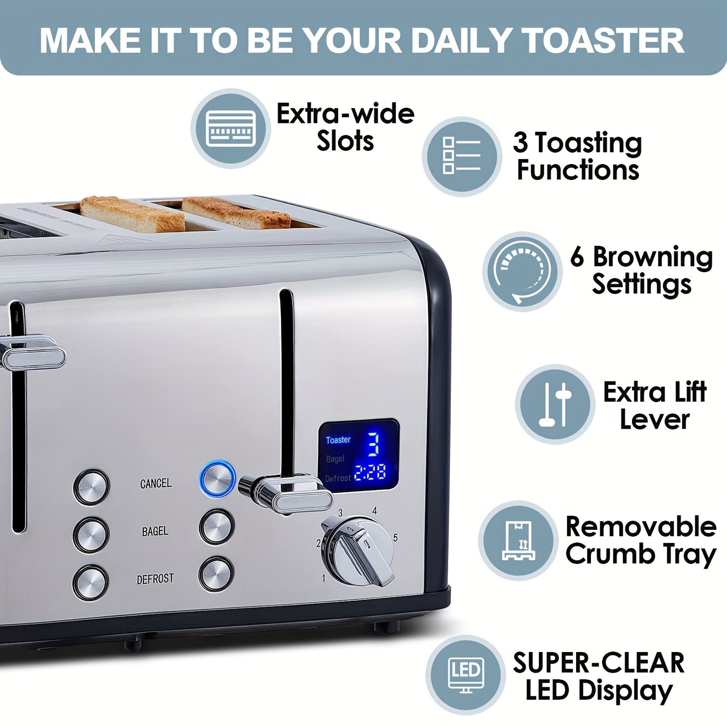 Cusimax 4-Slice Stainless Steel Toaster with Ultra-Clear